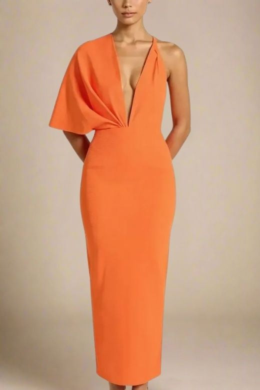 Apricot Orange Deep V-Neck One Shoulder Draped Bandage Midi Dress