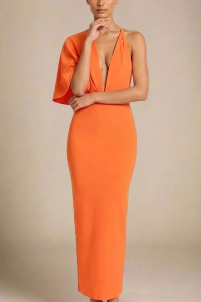 Apricot Orange Deep V-Neck One Shoulder Draped Bandage Midi Dress
