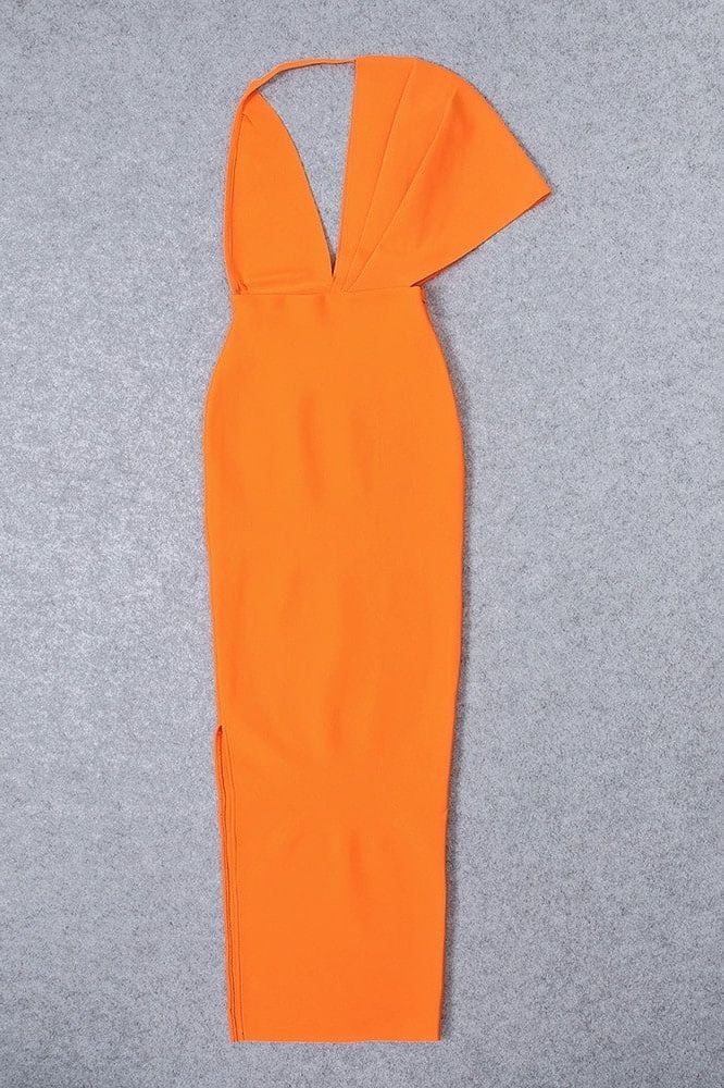 Apricot Orange One Shoulder Cape Sleeve Deep V-Neck Ruched Mermaid Maxi Dress