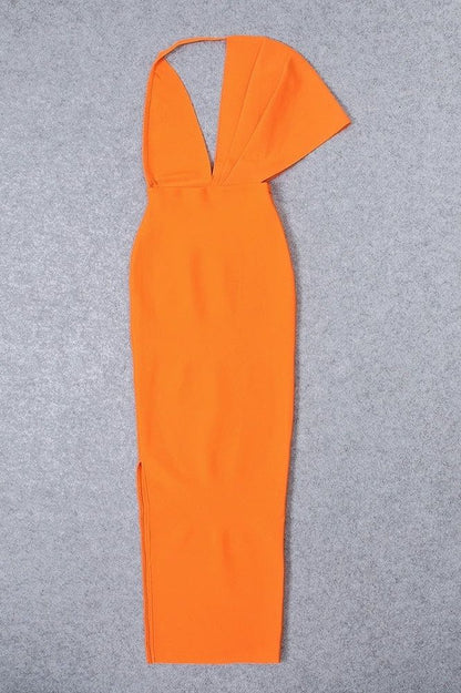 Apricot Orange One Shoulder Cape Sleeve Deep V-Neck Ruched Mermaid Maxi Dress