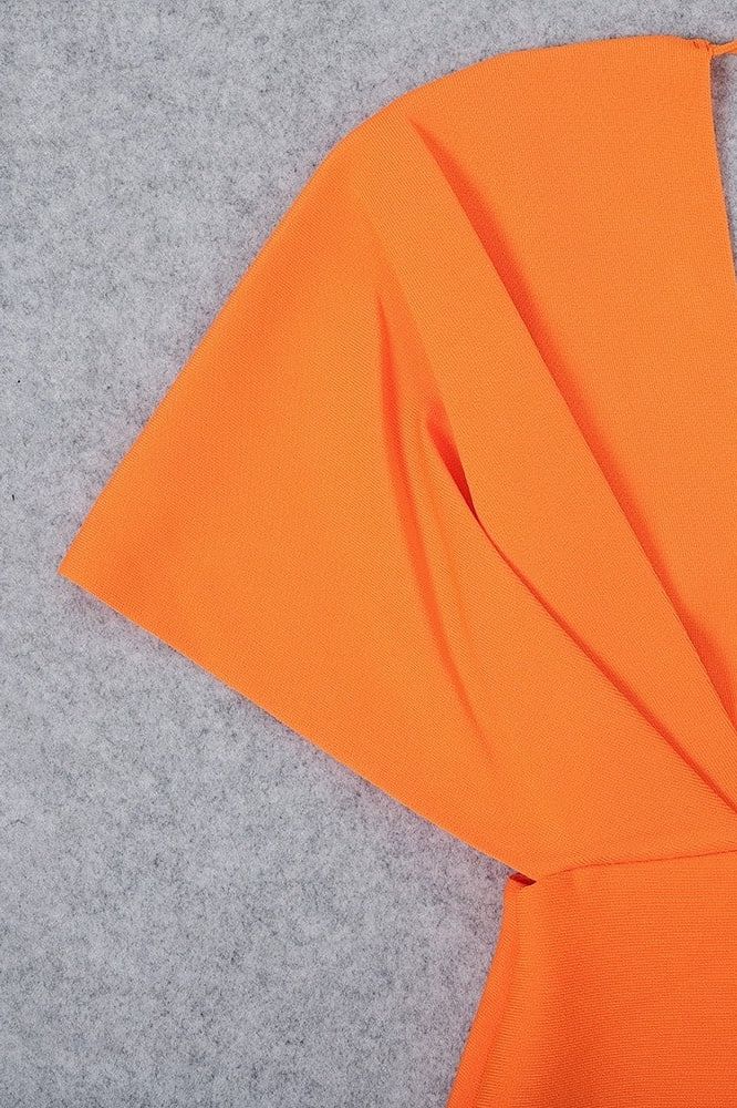 Apricot Orange One Shoulder Cape Sleeve Deep V-Neck Ruched Mermaid Maxi Dress
