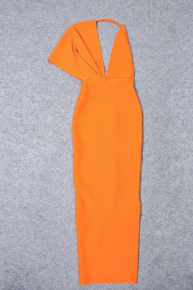 Apricot Orange One Shoulder Cape Sleeve Deep V-Neck Ruched Mermaid Maxi Dress