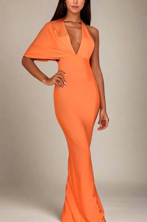 Apricot Orange One Shoulder Cape Sleeve Deep V-Neck Ruched Mermaid Maxi Dress