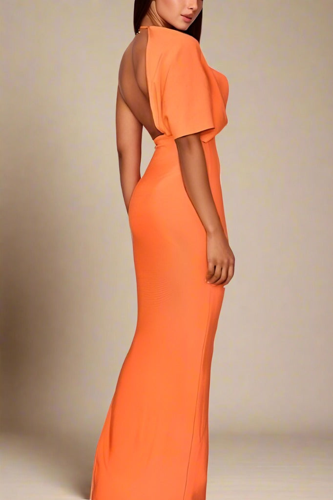 Apricot Orange One Shoulder Cape Sleeve Deep V-Neck Ruched Mermaid Maxi Dress