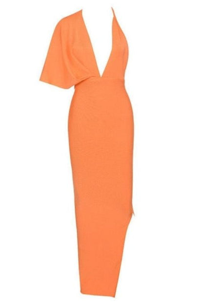 Apricot Orange One Shoulder Cape Sleeve Deep V-Neck Ruched Mermaid Maxi Dress