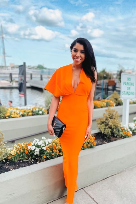 Apricot Orange One Shoulder Cape Sleeve Deep V-Neck Ruched Mermaid Maxi Dress