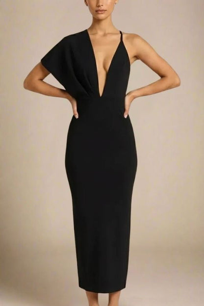 Classic Black One Shoulder Cape Sleeve Deep Plunge Bodycon Maxi Gown