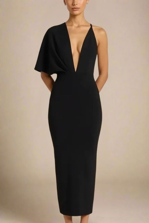 Classic Black One Shoulder Cape Sleeve Deep Plunge Bodycon Maxi Gown