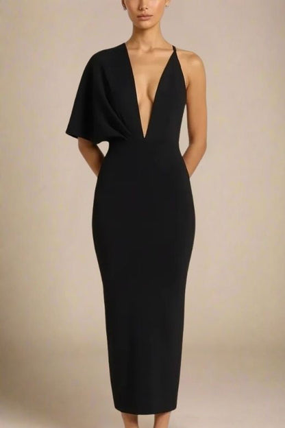 Classic Black One Shoulder Cape Sleeve Deep Plunge Bodycon Maxi Gown