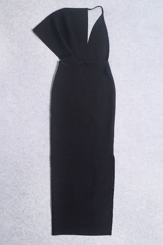 Classic Black One Shoulder Cape Sleeve Deep Plunge Bodycon Maxi Gown