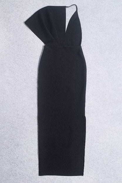 Classic Black One Shoulder Cape Sleeve Deep Plunge Bodycon Maxi Gown