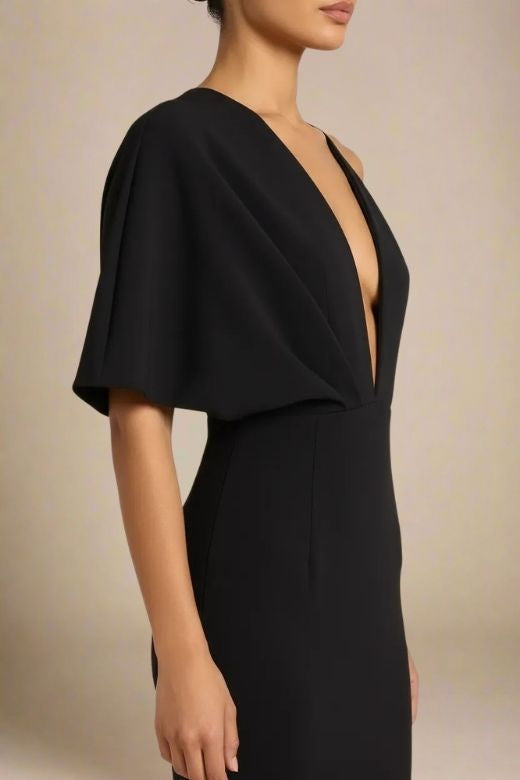 Classic Black One Shoulder Cape Sleeve Deep Plunge Bodycon Maxi Gown