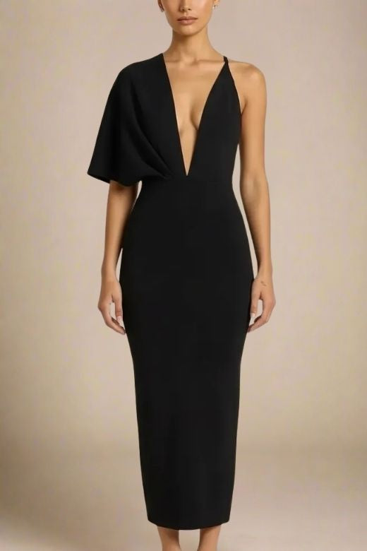 Classic Black One Shoulder Cape Sleeve Deep Plunge Bodycon Maxi Gown