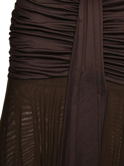 Boat Neck Sleeveless Ruched Hip Buckle Draped Panel Mermaid Maxi Gown