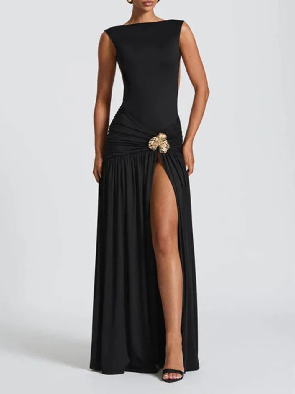 Boat Neck Sleeveless Ruched Hip Buckle Draped Panel Mermaid Maxi Gown