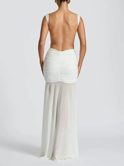 Boat Neck Sleeveless Ruched Hip Buckle Draped Panel Mermaid Maxi Gown