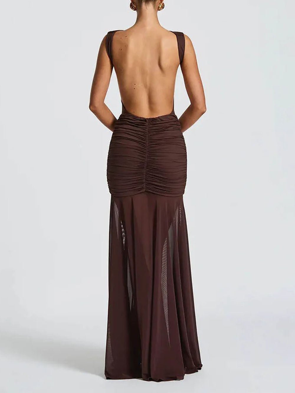 Boat Neck Sleeveless Ruched Hip Buckle Draped Panel Mermaid Maxi Gown