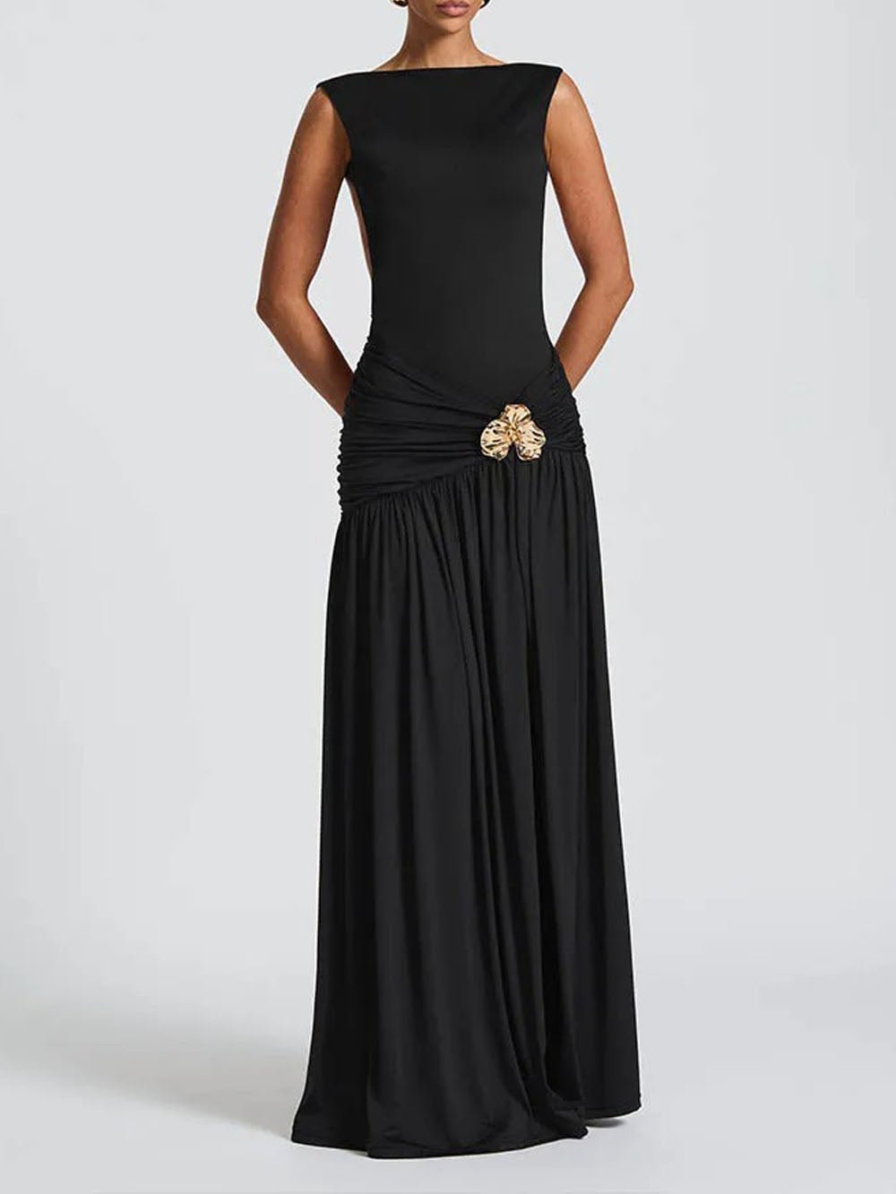 Boat Neck Sleeveless Ruched Hip Buckle Draped Panel Mermaid Maxi Gown