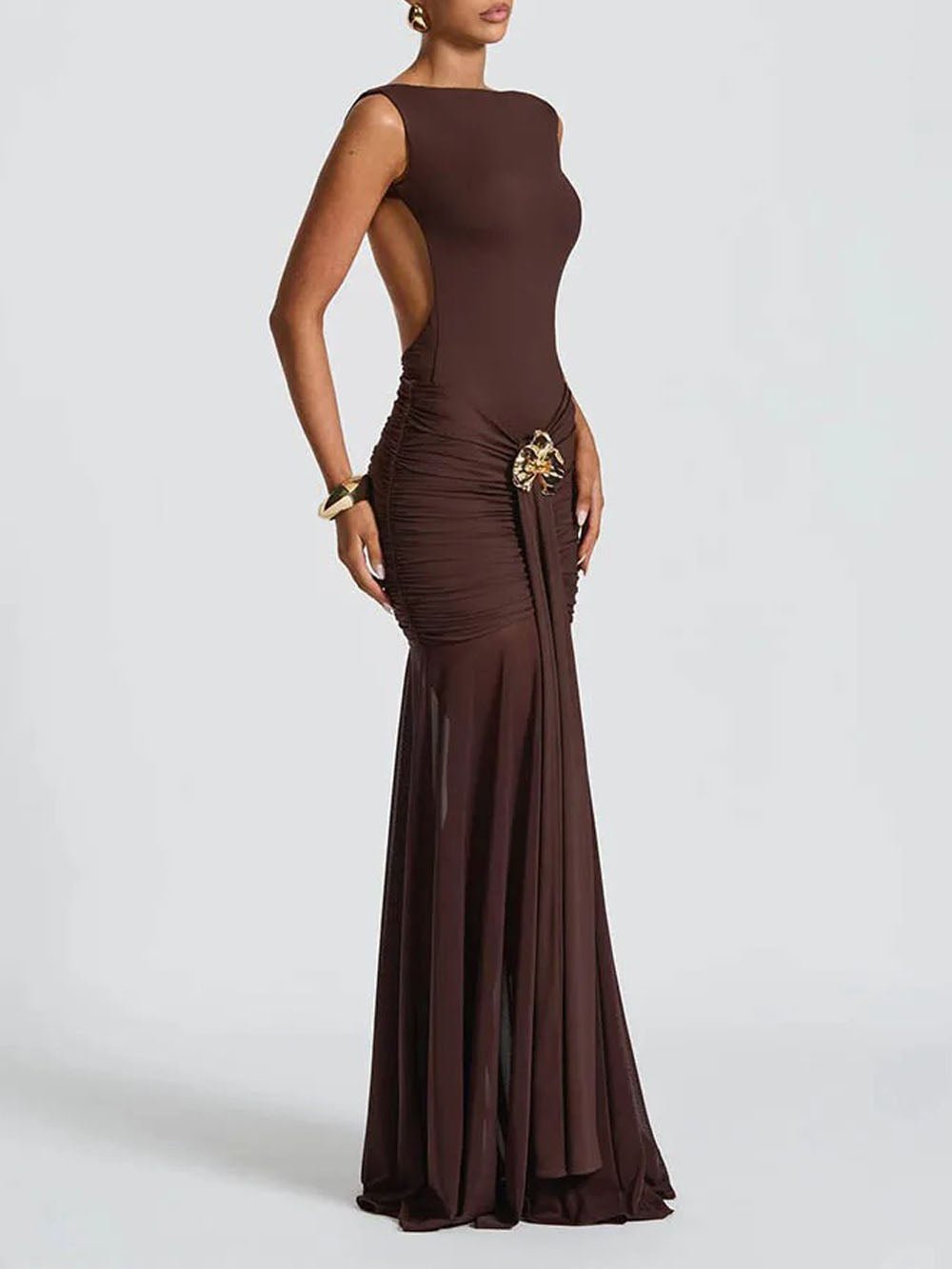 Boat Neck Sleeveless Ruched Hip Buckle Draped Panel Mermaid Maxi Gown