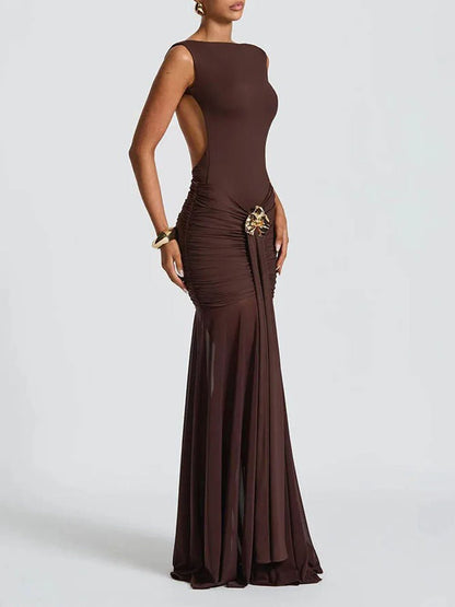 Boat Neck Sleeveless Ruched Hip Buckle Draped Panel Mermaid Maxi Gown