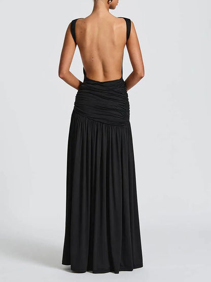 Boat Neck Sleeveless Ruched Hip Buckle Draped Panel Mermaid Maxi Gown