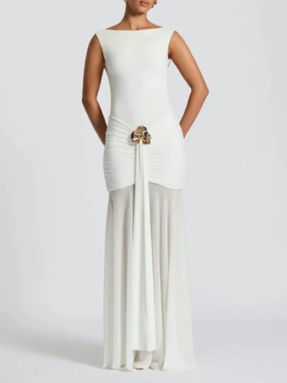 Boat Neck Sleeveless Ruched Hip Buckle Draped Panel Mermaid Maxi Gown