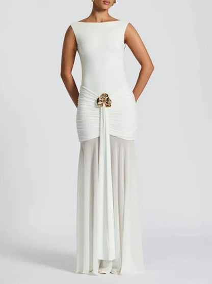 Boat Neck Sleeveless Ruched Hip Buckle Draped Panel Mermaid Maxi Gown