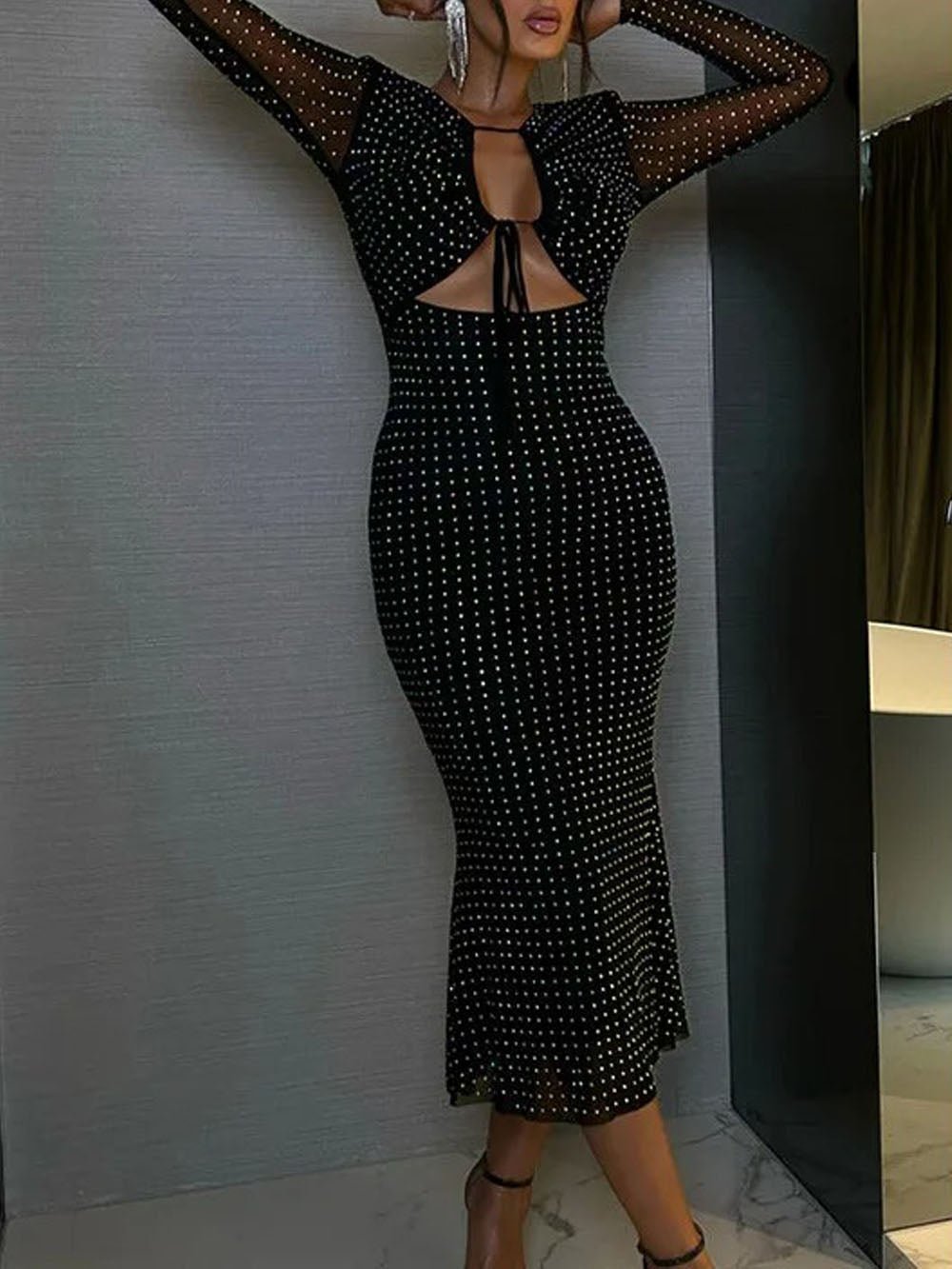 Black Rhinestone Mesh Deep V-Neck Cut Out Tie Front Long Sleeve Midi Dress