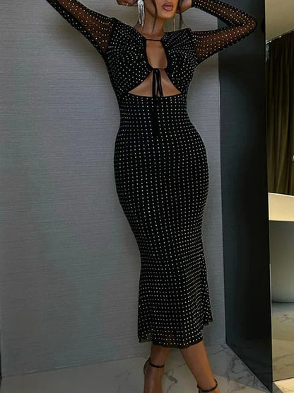 Black Rhinestone Mesh Deep V-Neck Cut Out Tie Front Long Sleeve Midi Dress