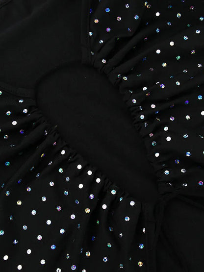 Black Rhinestone Mesh Deep V-Neck Cut Out Tie Front Long Sleeve Midi Dress