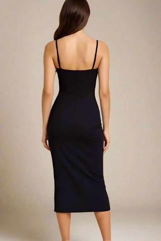 Classic Black Spaghetti Strap Sweetheart Bustier Bodycon Midi Dress