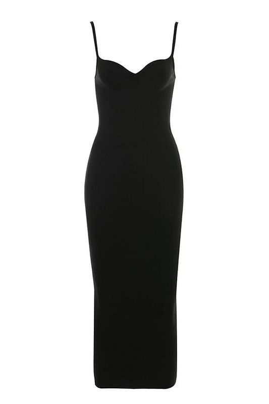 Classic Black Spaghetti Strap Sweetheart Bustier Bodycon Midi Dress