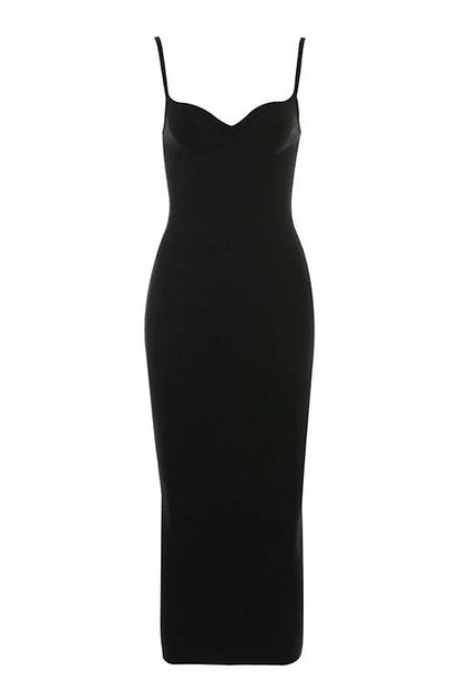 Classic Black Spaghetti Strap Sweetheart Bustier Bodycon Midi Dress