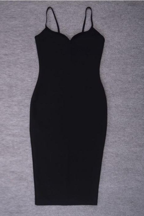 Classic Black Spaghetti Strap Sweetheart Bustier Bodycon Midi Dress