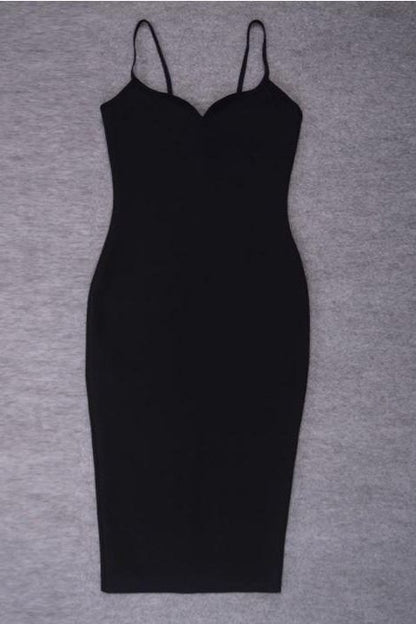 Classic Black Spaghetti Strap Sweetheart Bustier Bodycon Midi Dress
