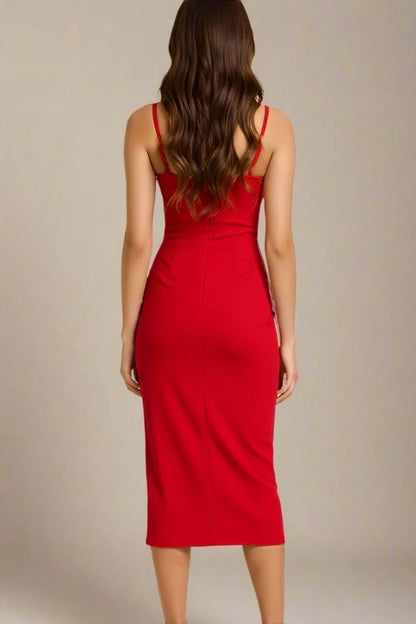Lipstick Red Spaghetti Strap Sweetheart Bustier Bodycon Midi Dress