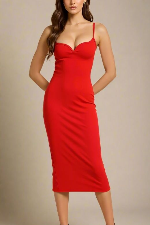Lipstick Red Spaghetti Strap Sweetheart Bustier Bodycon Midi Dress