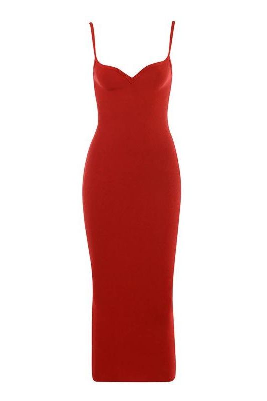 Lipstick Red Spaghetti Strap Sweetheart Bustier Bodycon Midi Dress