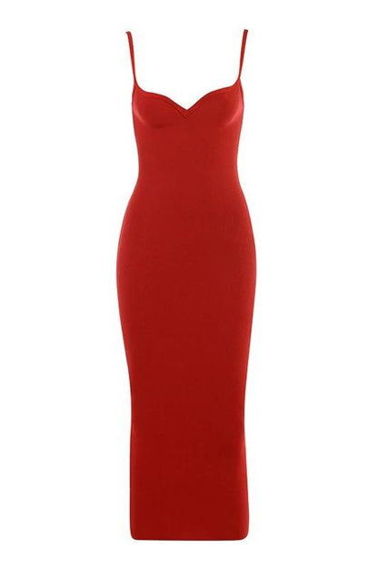 Lipstick Red Spaghetti Strap Sweetheart Bustier Bodycon Midi Dress