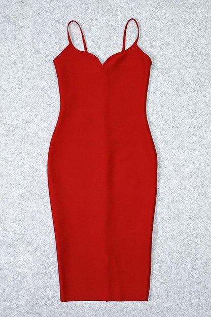 Lipstick Red Spaghetti Strap Deep V-Neck Bodycon Slip Midi Dress