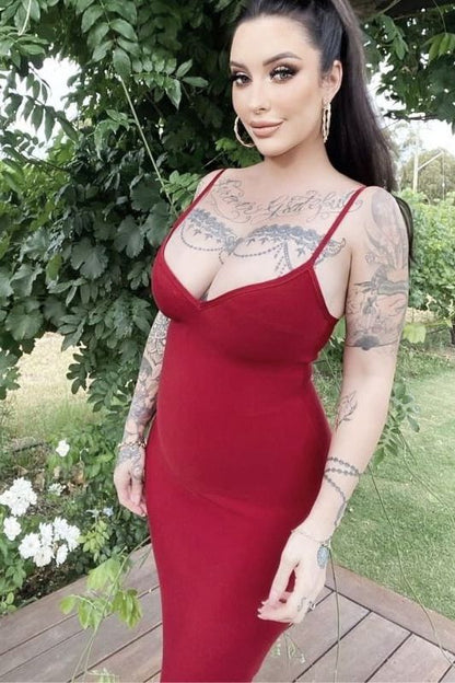 Lipstick Red Spaghetti Strap Deep V-Neck Bodycon Slip Midi Dress