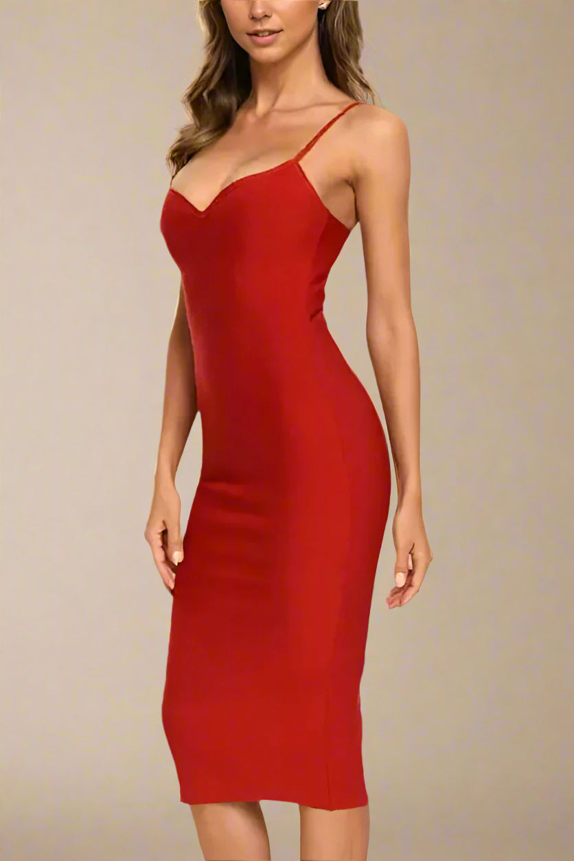 Lipstick Red Spaghetti Strap Deep V-Neck Bodycon Slip Midi Dress