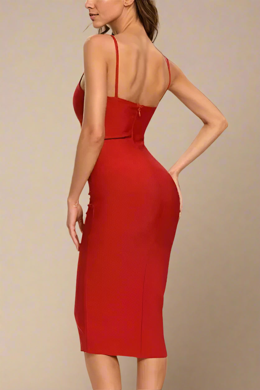 Lipstick Red Spaghetti Strap Deep V-Neck Bodycon Slip Midi Dress