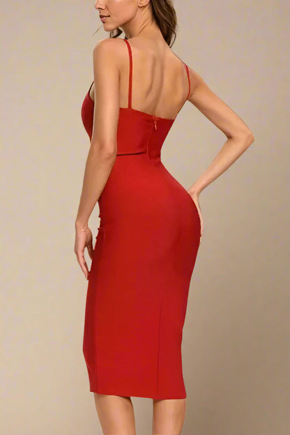 Lipstick Red Spaghetti Strap Deep V-Neck Bodycon Slip Midi Dress
