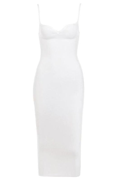 Pearl White Spaghetti Strap Sweetheart Bustier Bodycon Midi Dress