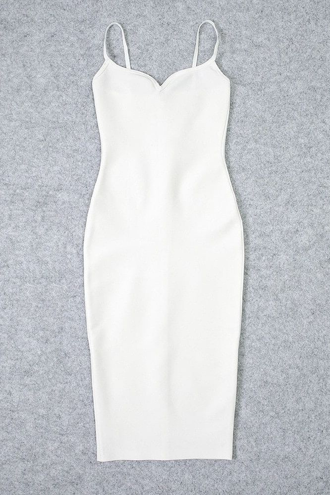 Pearl White Spaghetti Strap Sweetheart Bustier Bodycon Midi Dress
