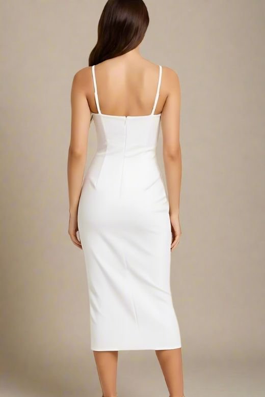 Pearl White Spaghetti Strap Sweetheart Bustier Bodycon Midi Dress