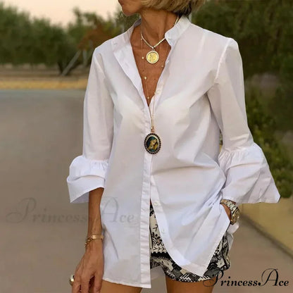 Blouse Office Arm - V Button Women's Flare Up White Neck Blouse