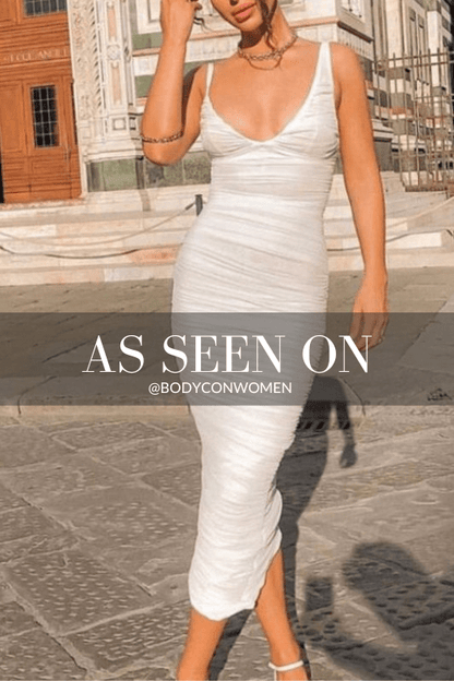 Pearl White Deep V-Neck Asymmetric Strap Ruched Wrap Bodycon Midi Dress