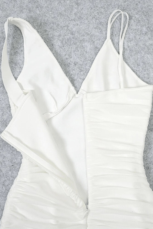 Pearl White Deep V-Neck Asymmetric Strap Ruched Wrap Bodycon Midi Dress